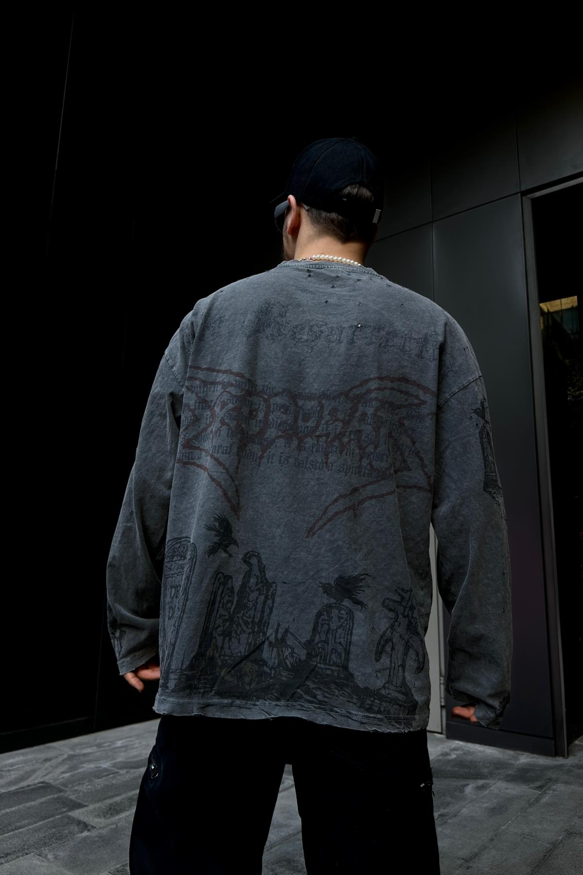 Yırtık Detay Acid Wash Füme Oversize Sleeved Sweatsihrt SW1071