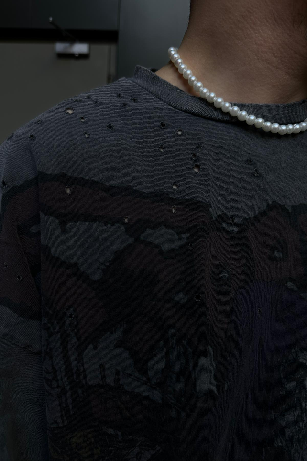 Yırtık Detay Acid Wash Füme Oversize Sleeved Sweatsihrt SW1071