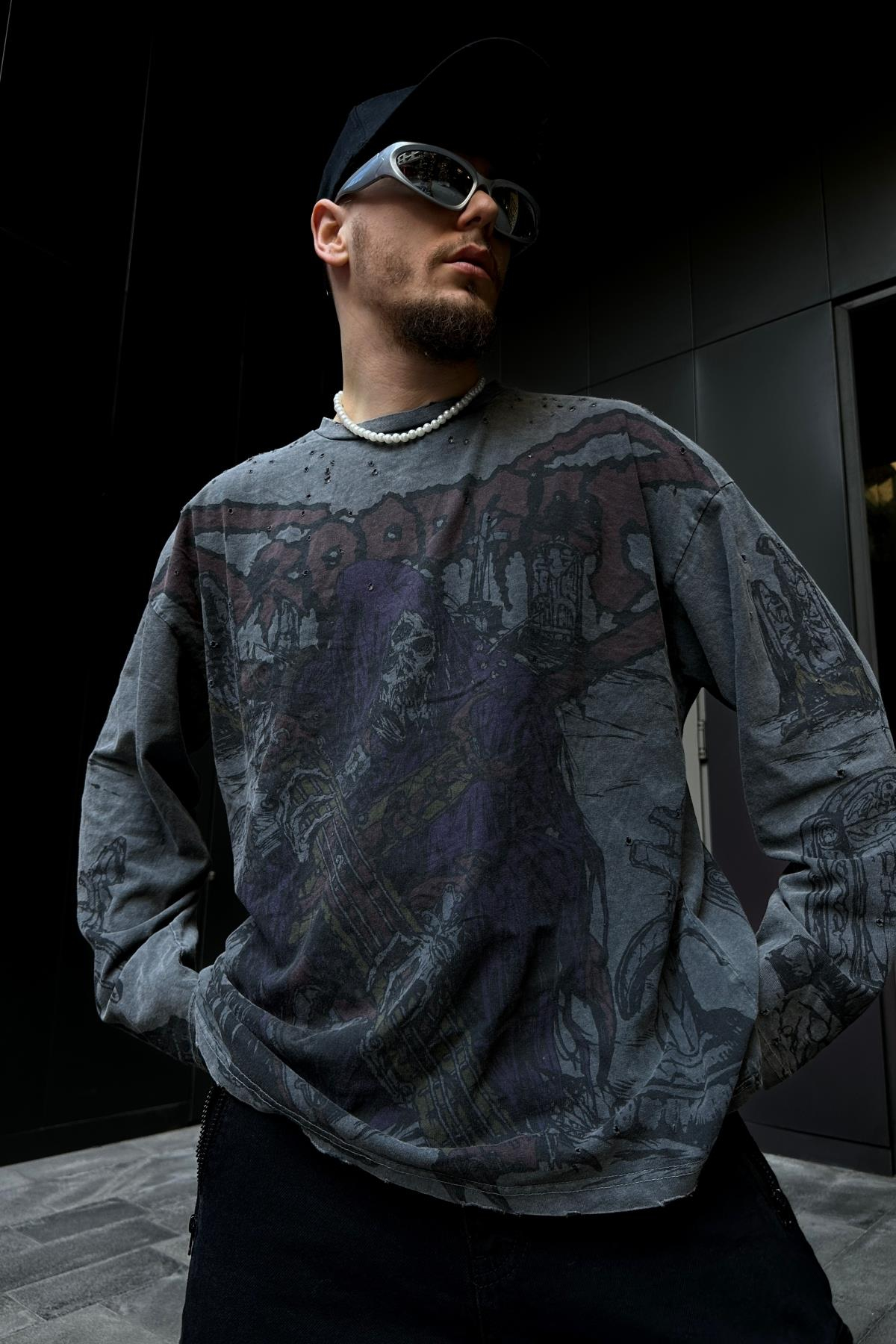 Yırtık Detay Acid Wash Füme Oversize Sleeved Sweatsihrt SW1071