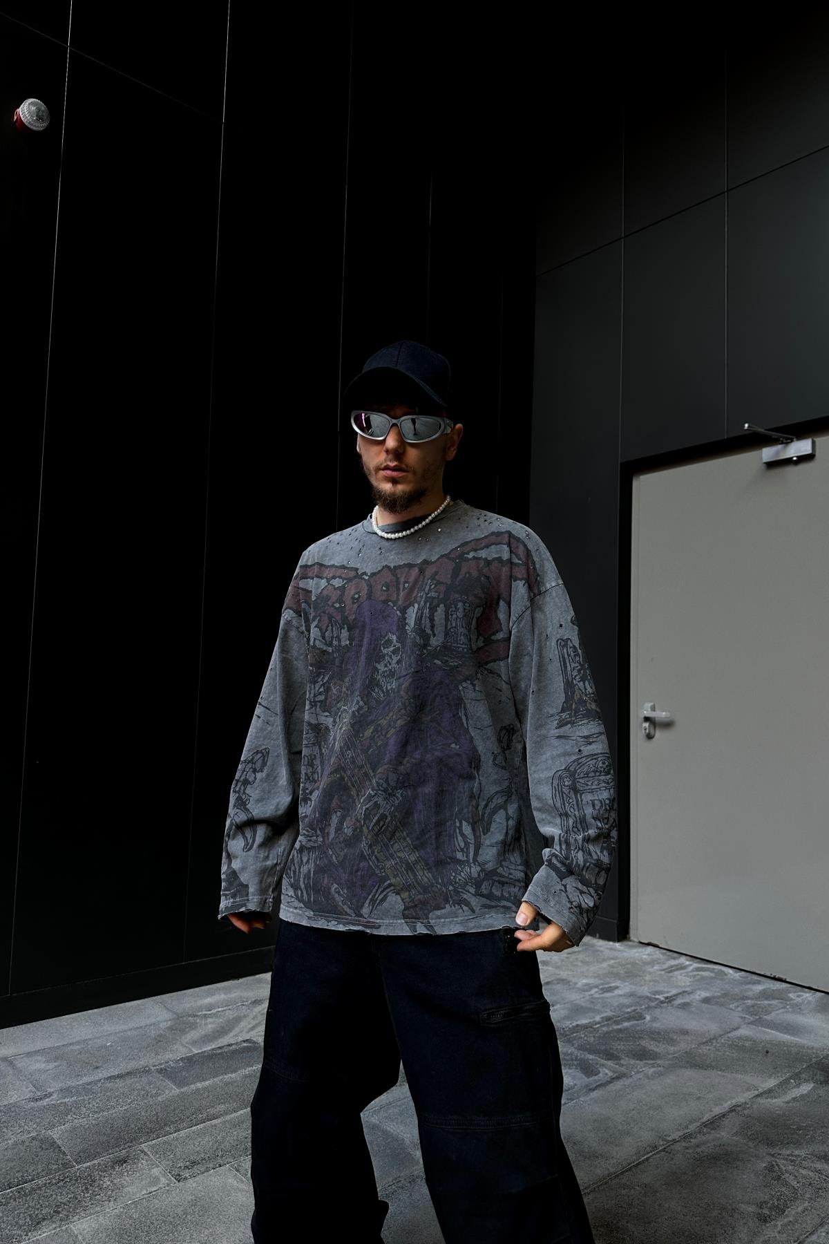 Yırtık Detay Acid Wash Füme Oversize Sleeved Sweatsihrt SW1071