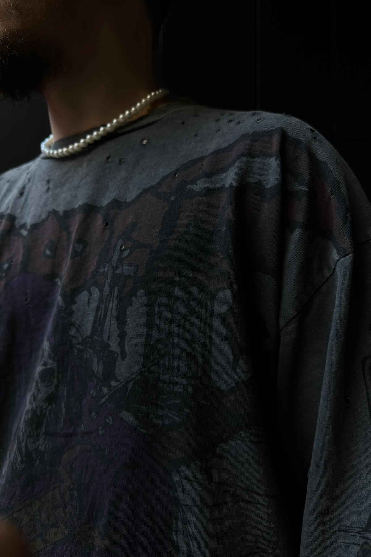 Yırtık Detay Acid Wash Füme Oversize Sleeved Sweatsihrt SW1071
