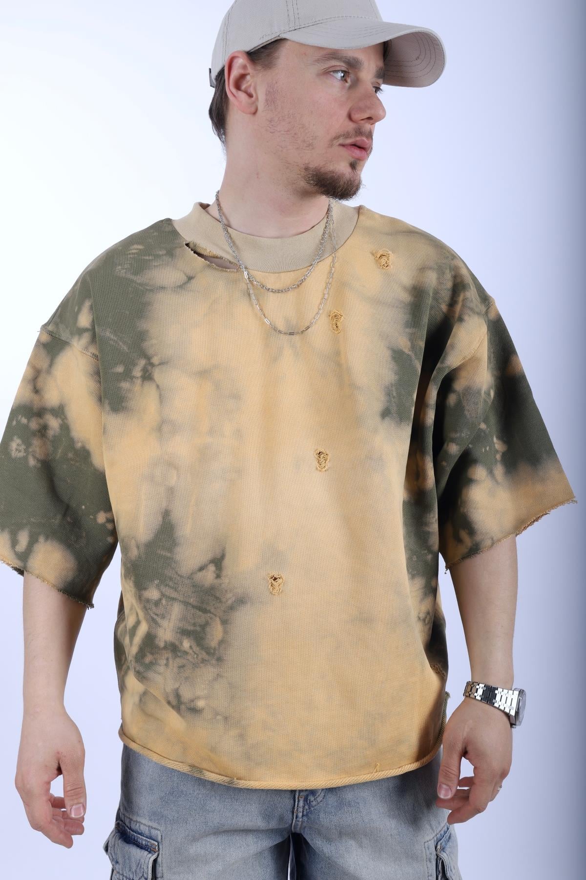 Yırtık Detay Acid Wash Oversize Tshirt T1002