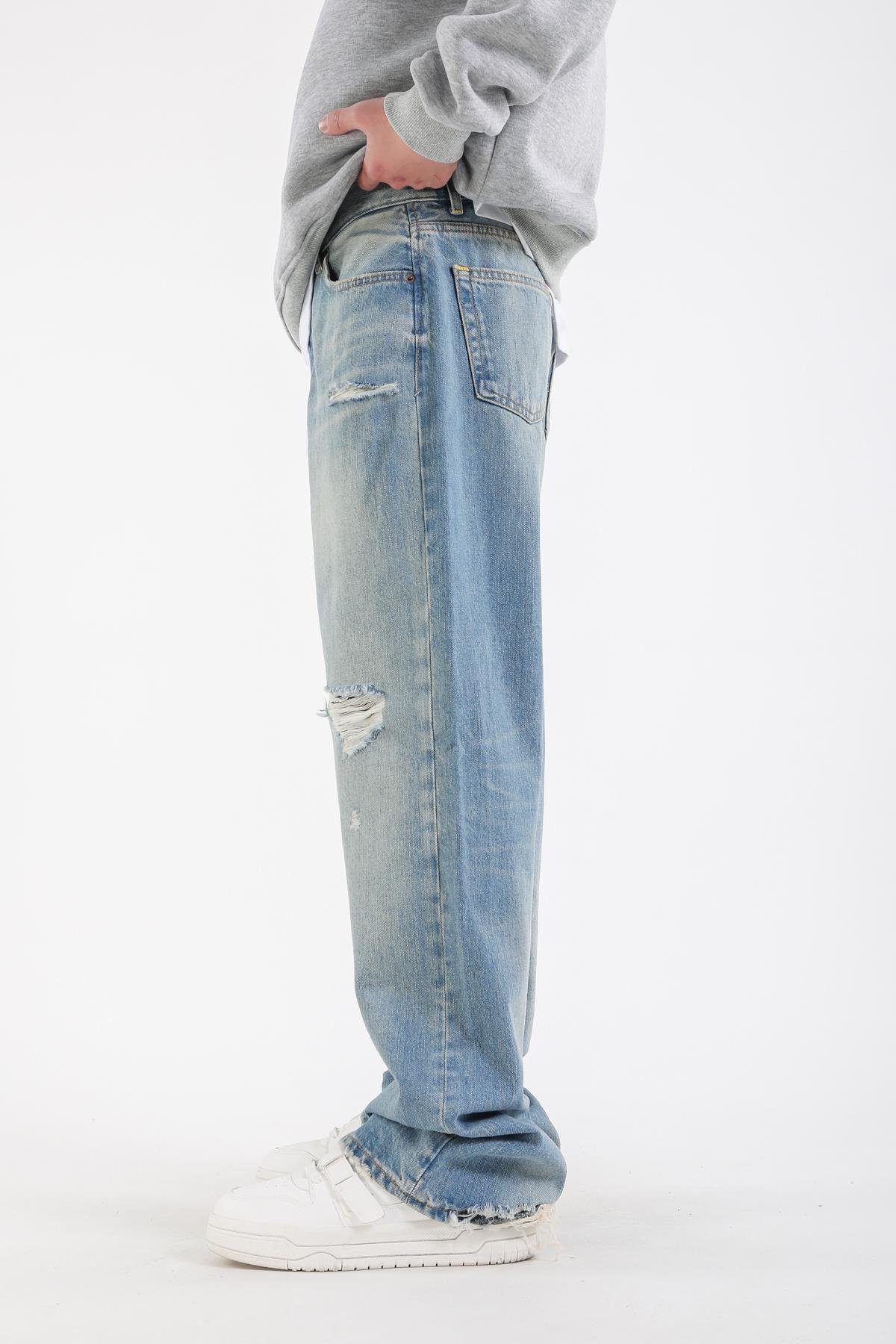 Yırtık Detay Açık Mavi Baggy Jean Pantolon
