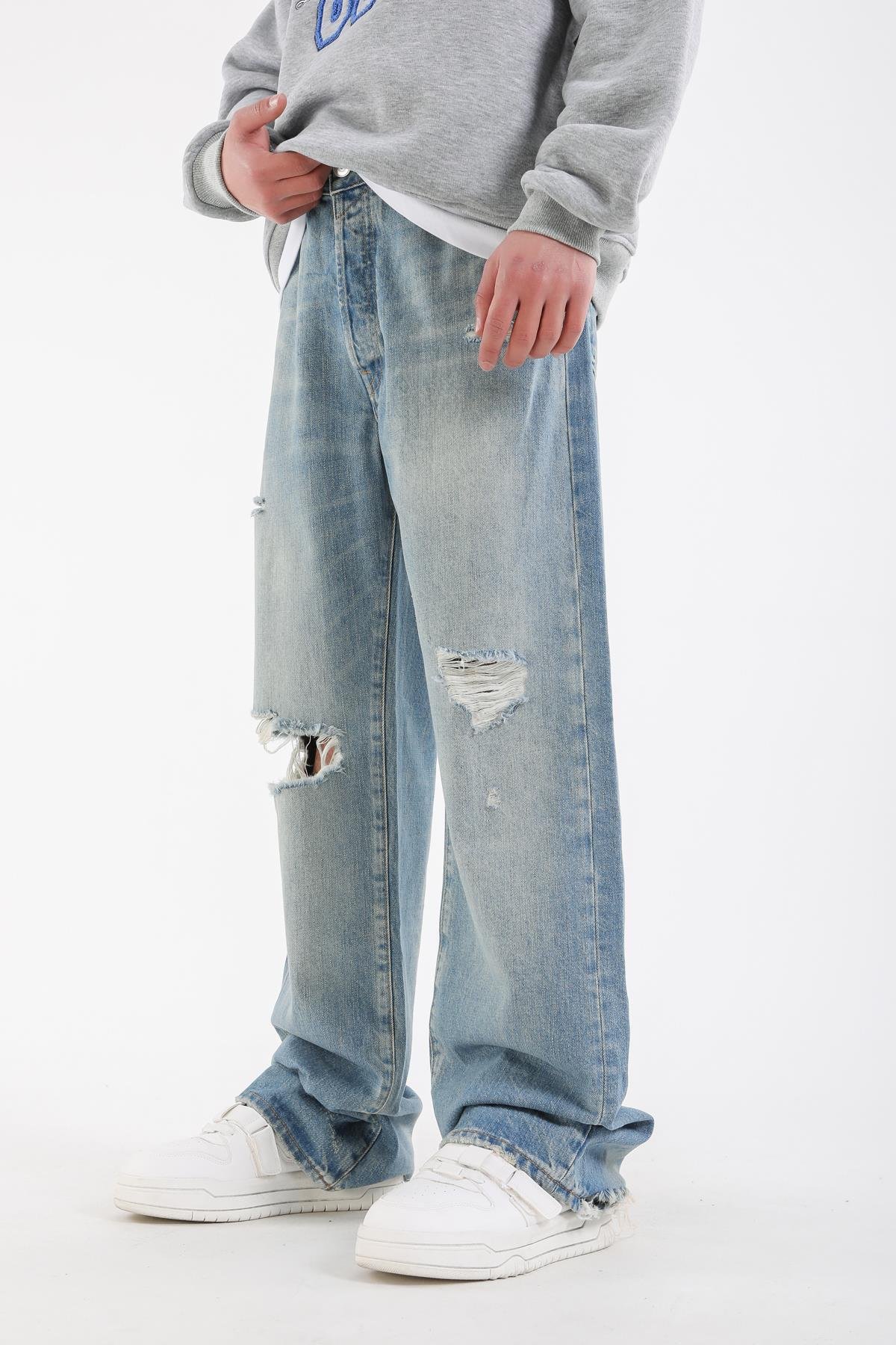 Yırtık Detay Açık Mavi Baggy Jean Pantolon