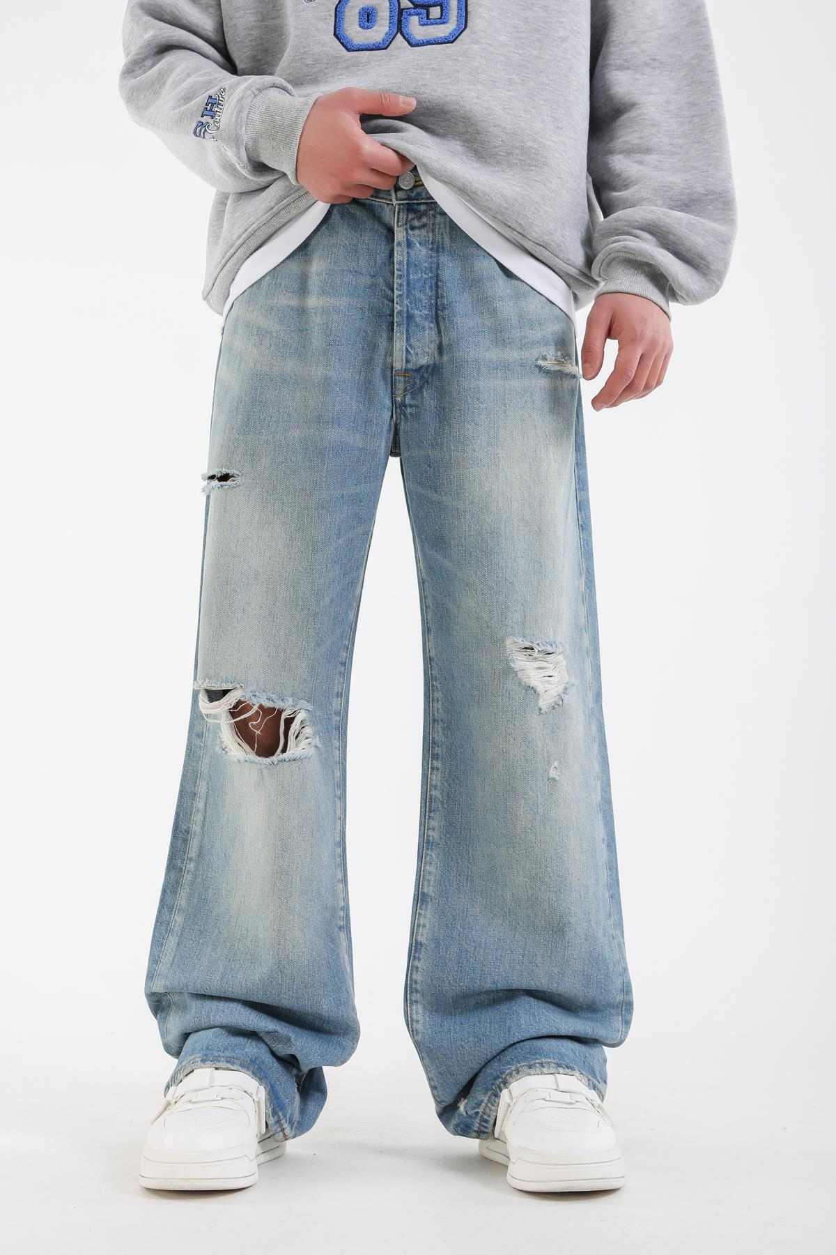 Yırtık Detay Açık Mavi Baggy Jean Pantolon