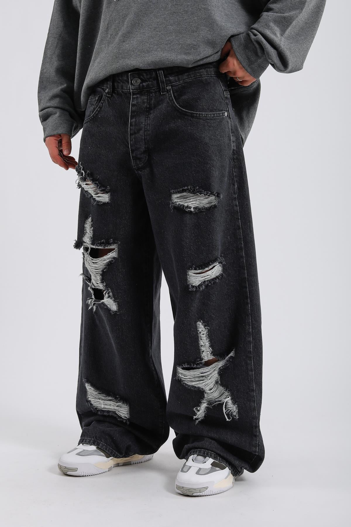 Yırtık Detay Füme Baggy Jean Pantolon P997