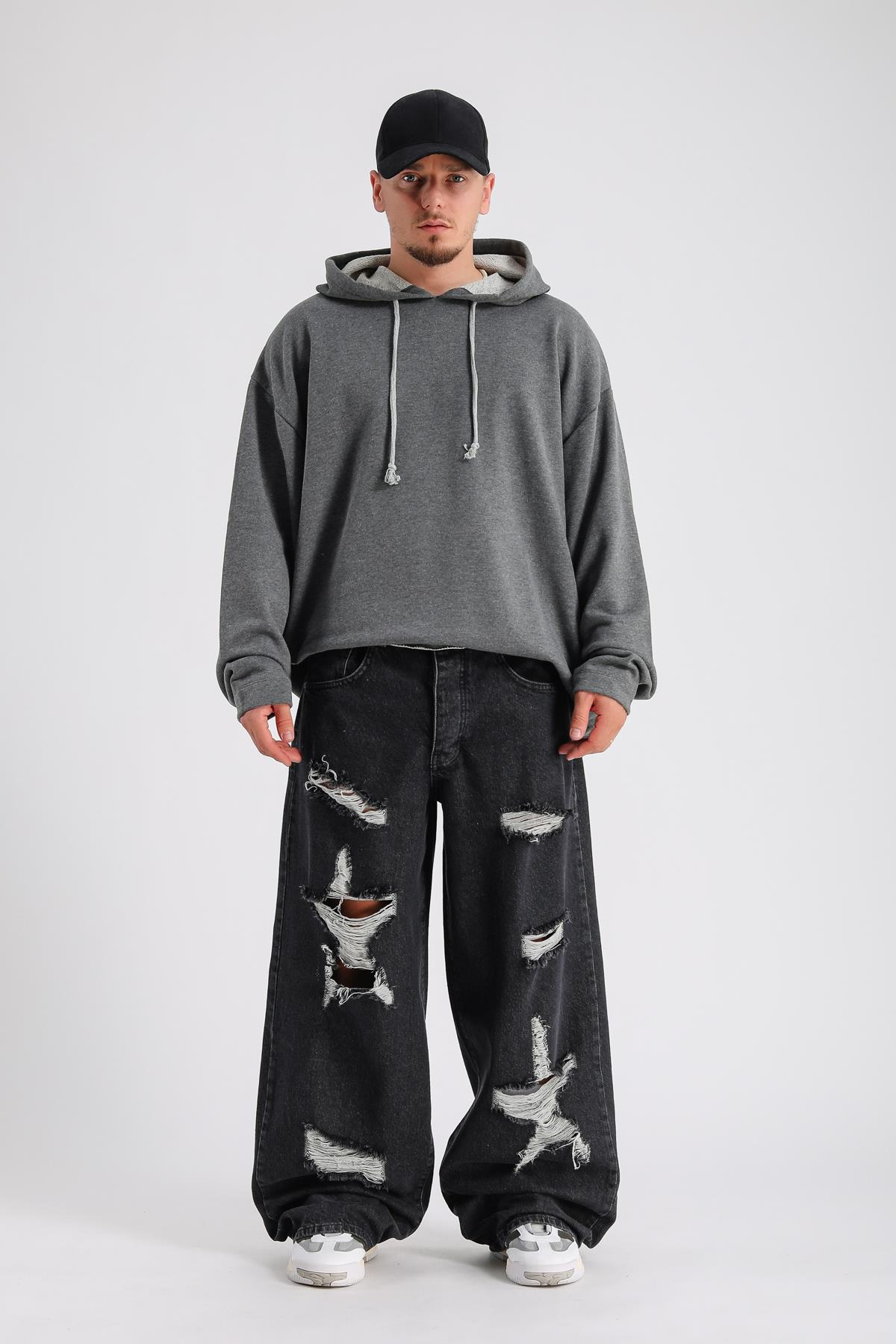 Yırtık Detay Füme Baggy Jean Pantolon P997
