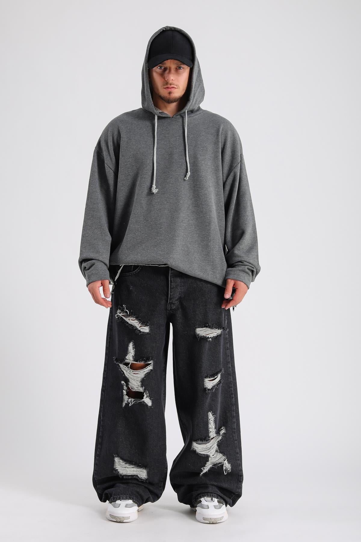 Yırtık Detay Füme Baggy Jean Pantolon P997