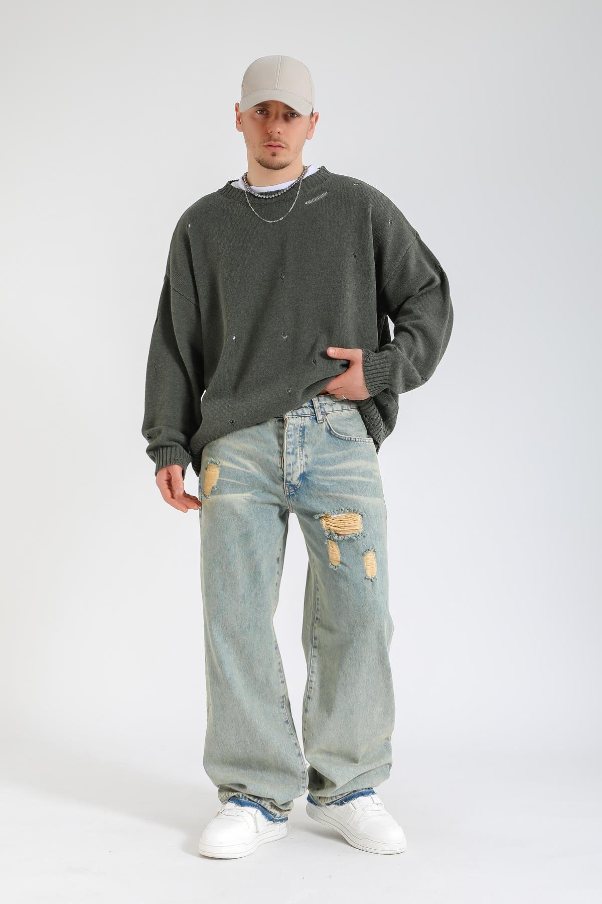 Yırtık Detay Haki Oversize Kazak KZK146