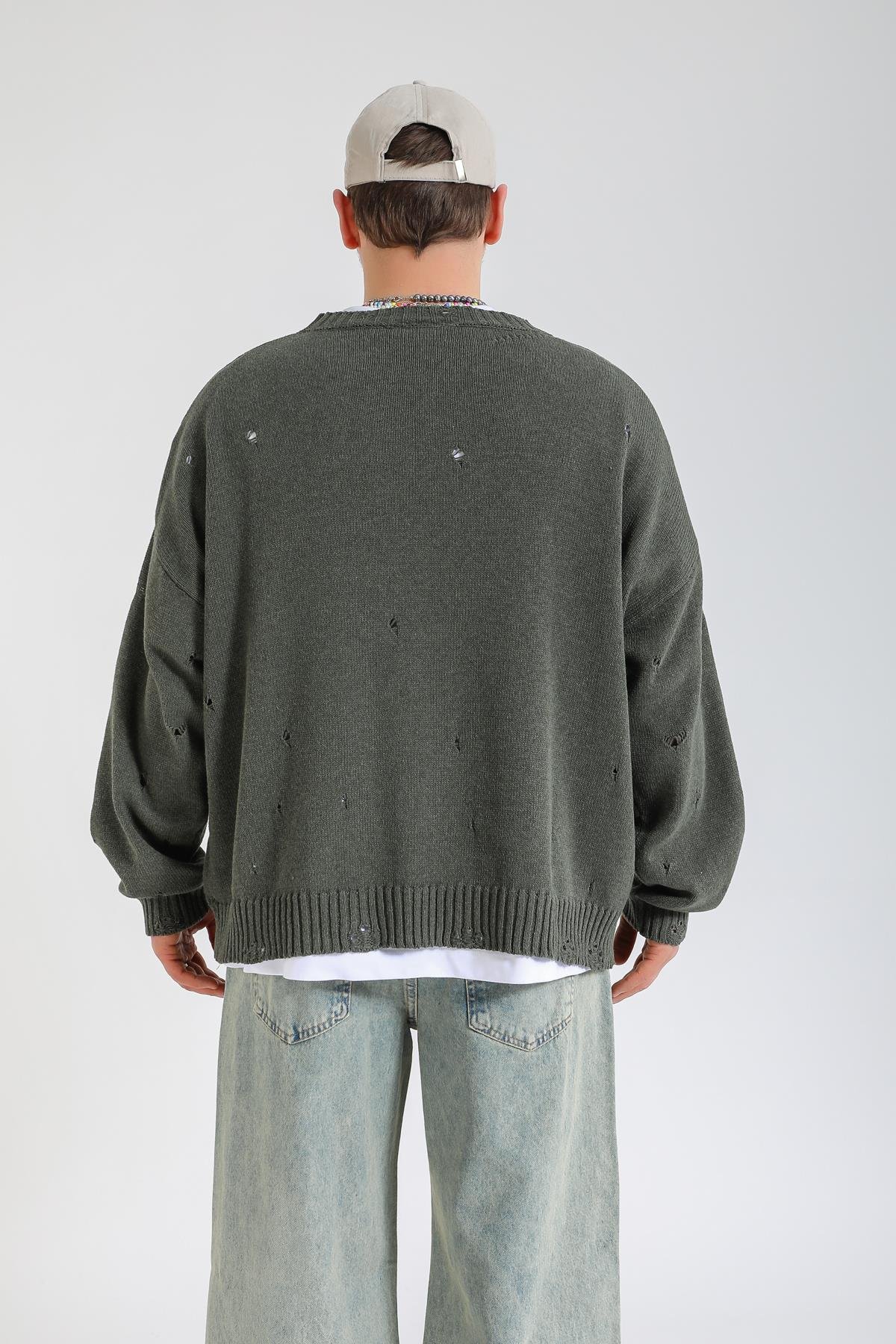 Yırtık Detay Haki Oversize Kazak KZK146