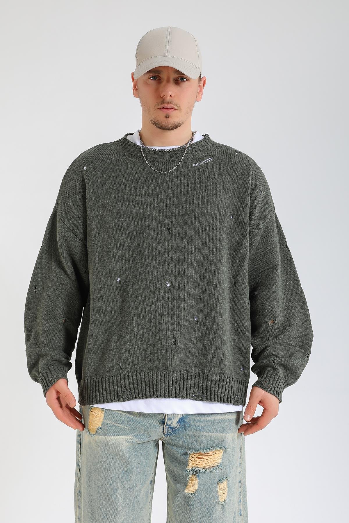 Yırtık Detay Haki Oversize Kazak KZK146