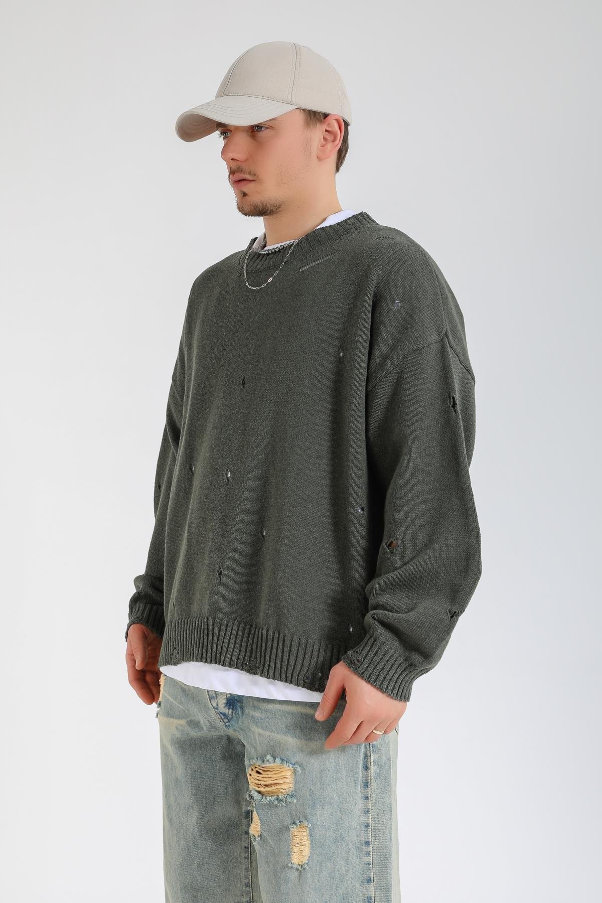 Yırtık Detay Haki Oversize Kazak KZK146