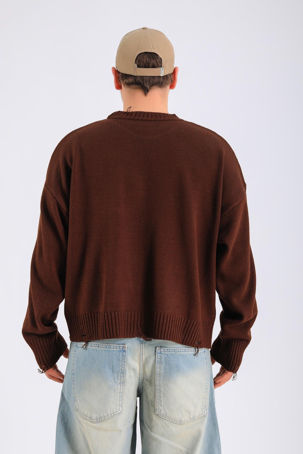 Yırtık Detay Kahve Boxy Fit Triko SW1308