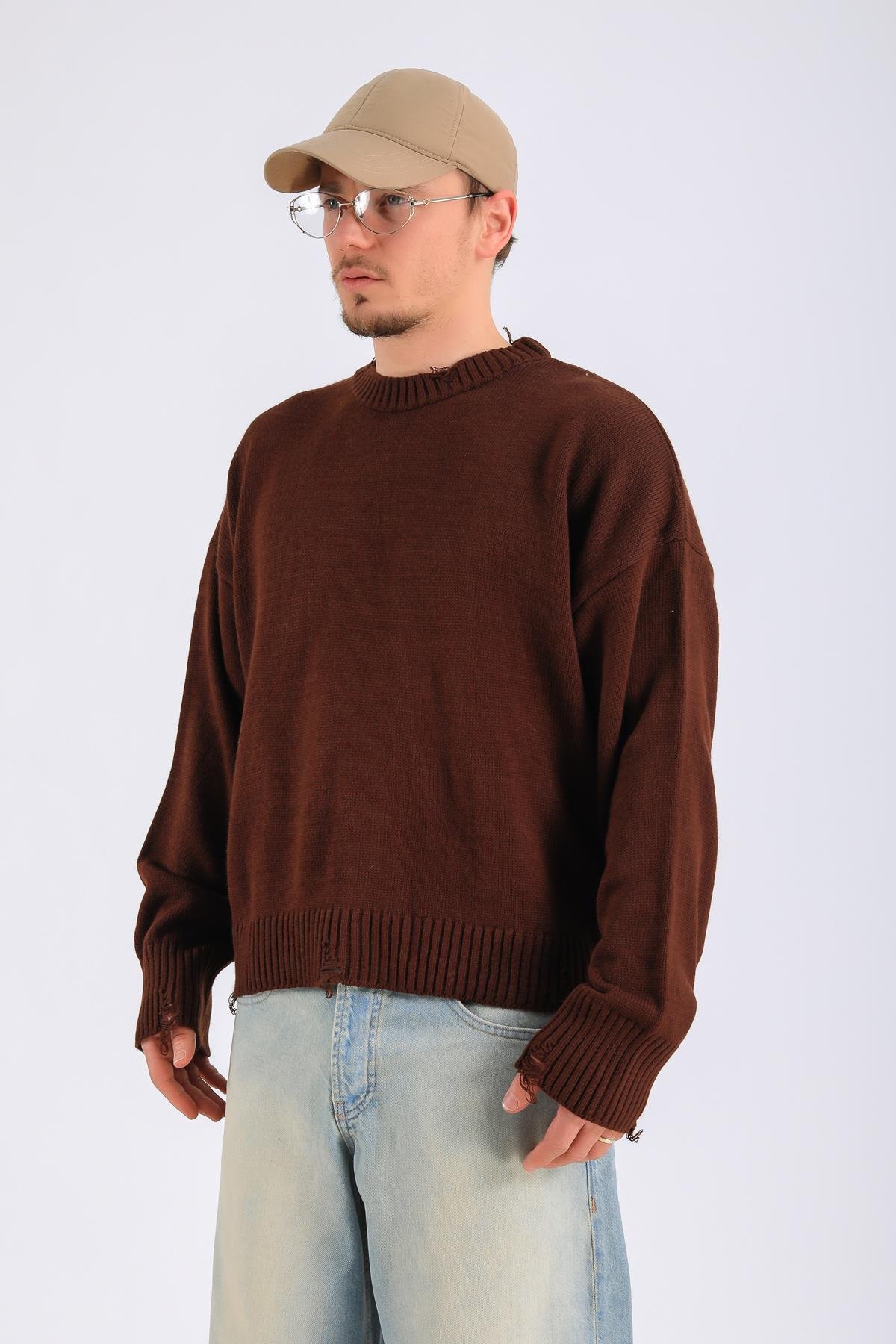 Yırtık Detay Kahve Boxy Fit Triko SW1308