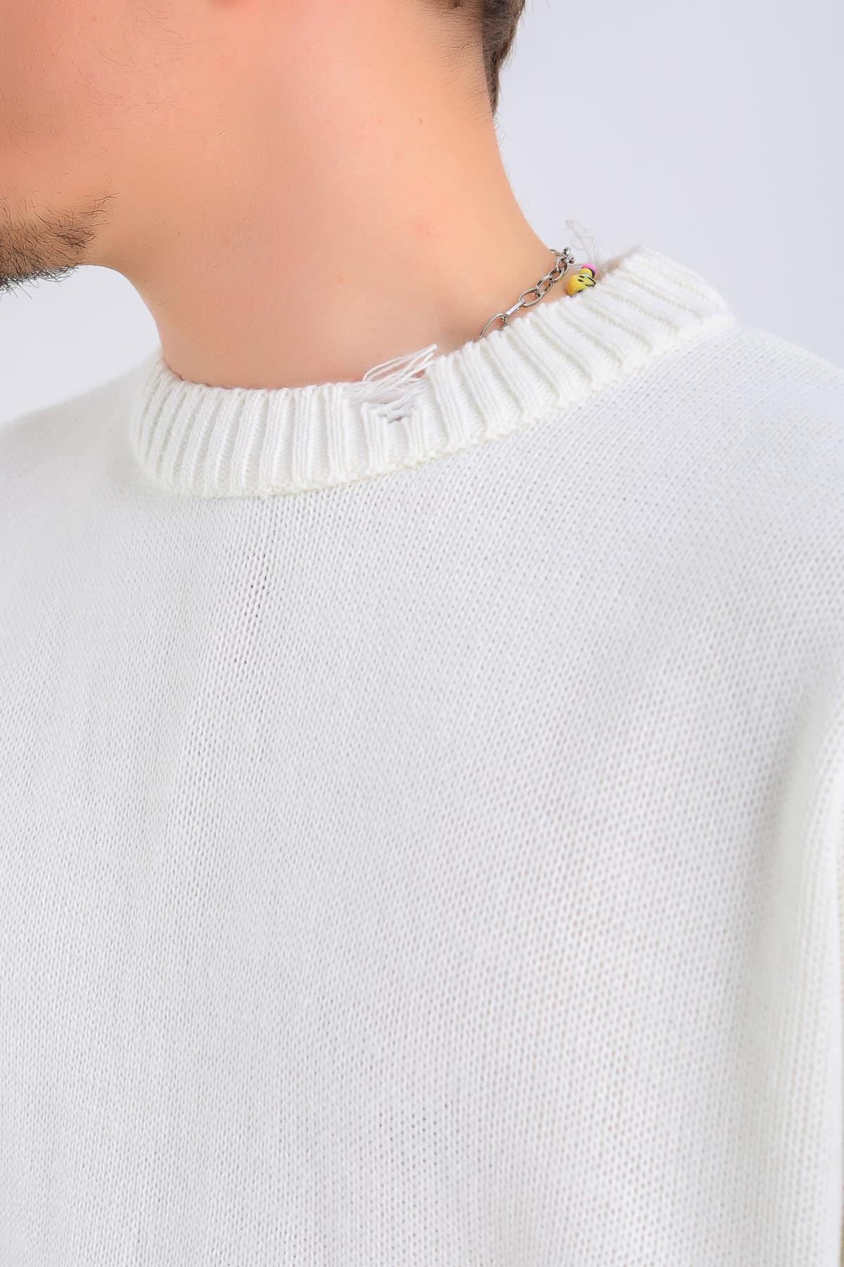 Yırtık Detay Krem Boxy Fit Triko SW1307