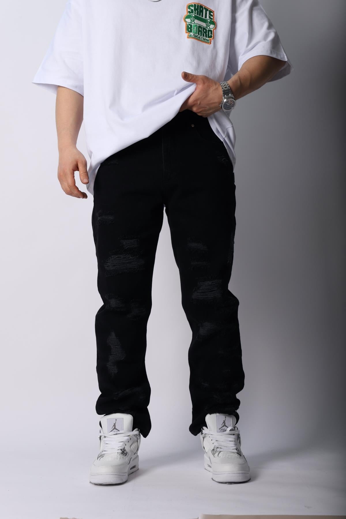 Yırtık Detay Siyah Jean Pantolon P935