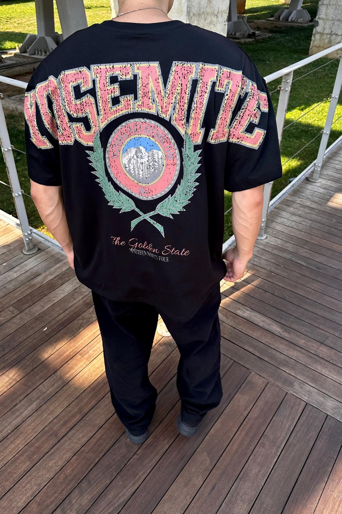 Yosemite Eskitme Baskılı Siyah Oversize Tshirt T1154