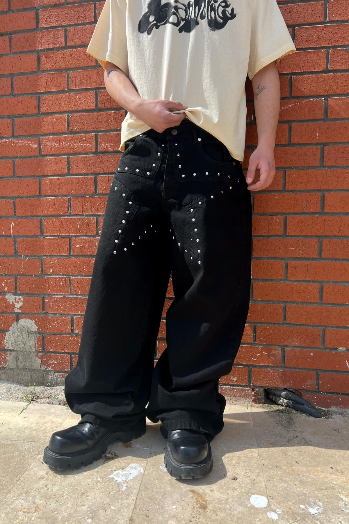 Zımba Baskılı Star Siyah Baggy Jean Pantolon