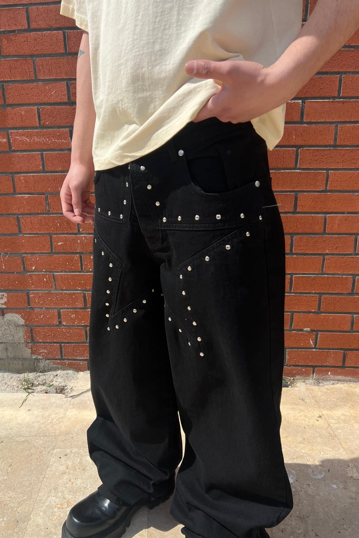 Zımba Baskılı Star Siyah Baggy Jean Pantolon