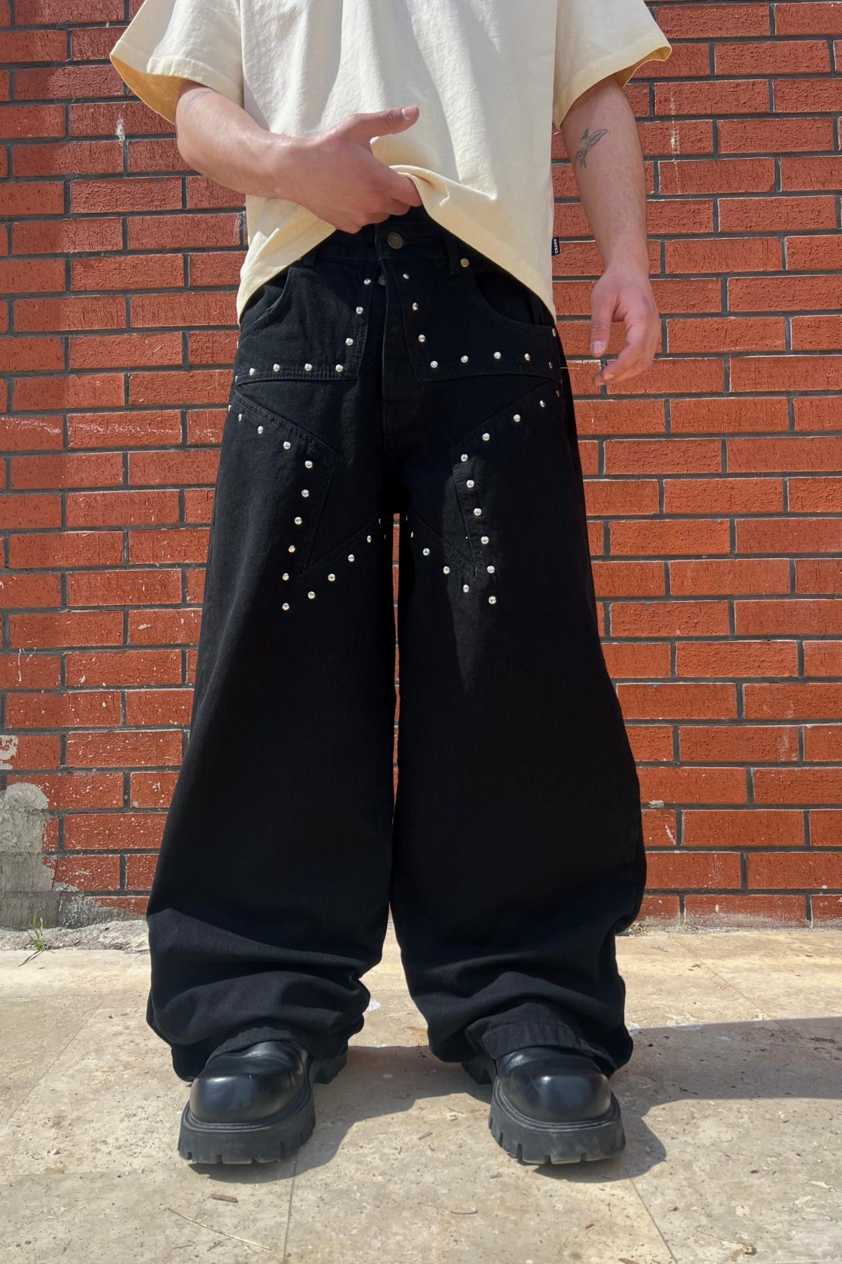 Zımba Baskılı Star Siyah Baggy Jean Pantolon