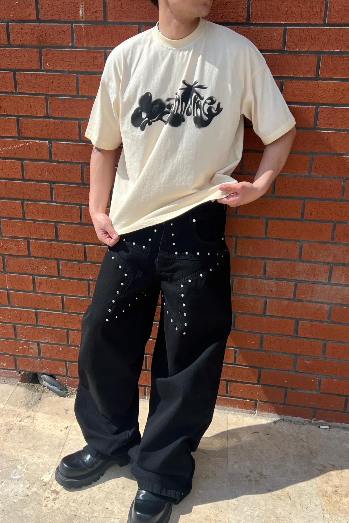 Zımba Baskılı Star Siyah Baggy Jean Pantolon