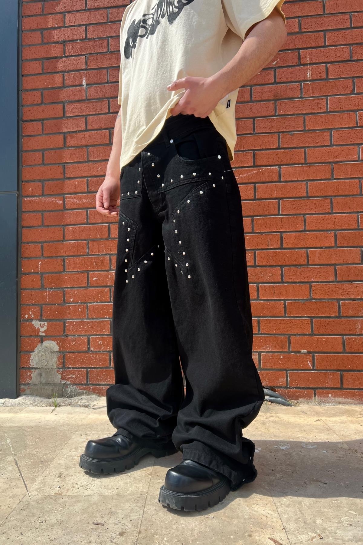 Zımba Baskılı Star Siyah Baggy Jean Pantolon