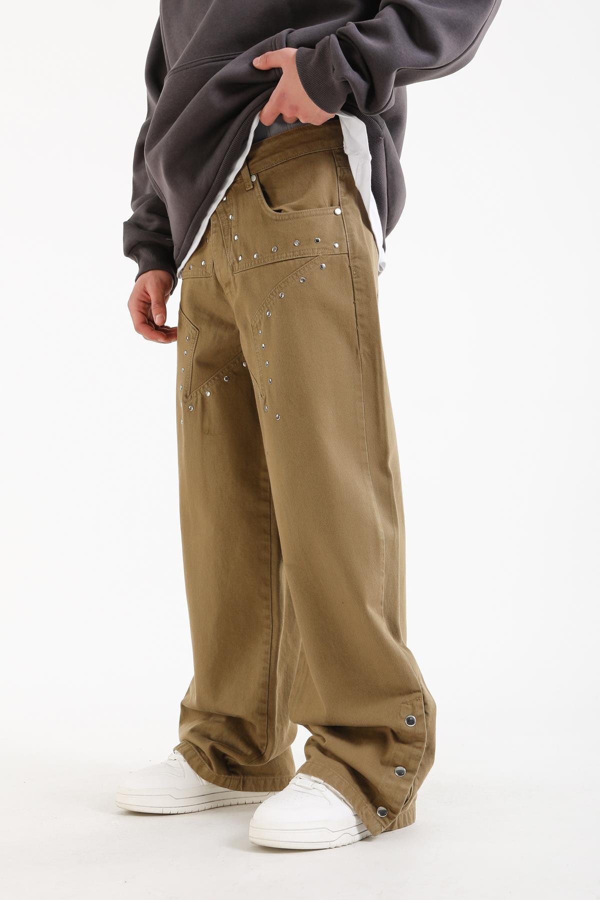 Zımba Detay Kahve Baggy Jean Pantolon
