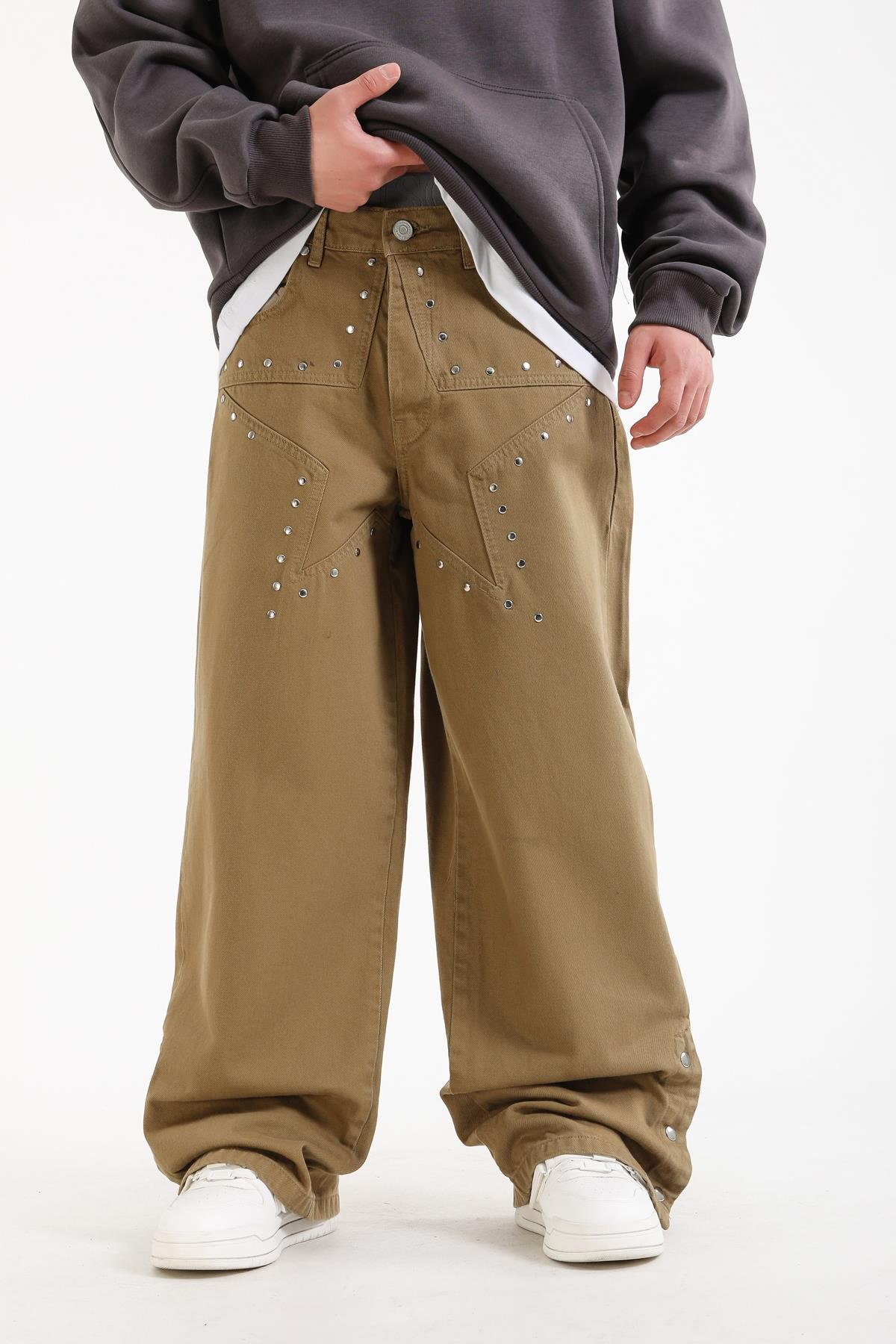 Zımba Detay Kahve Baggy Jean Pantolon