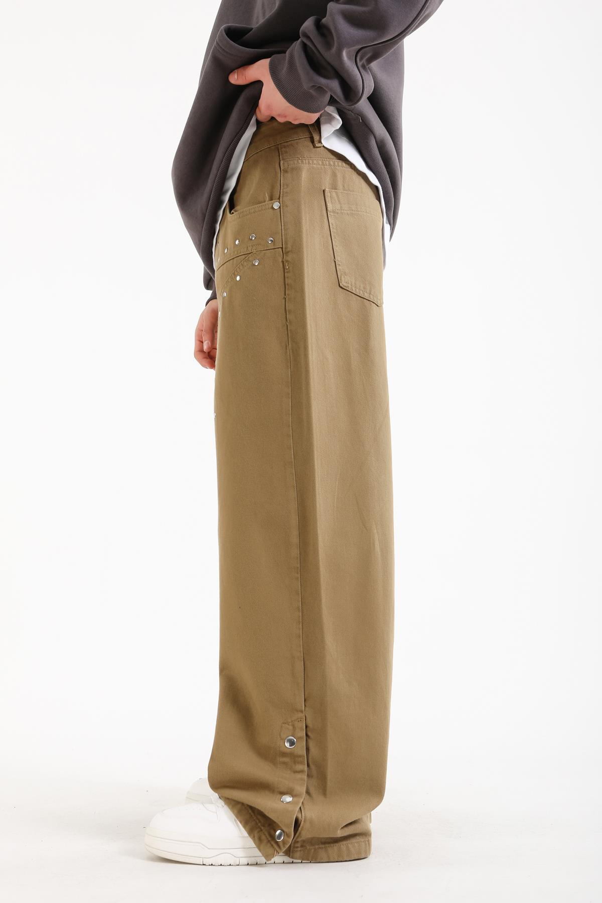 Zımba Detay Kahve Baggy Jean Pantolon
