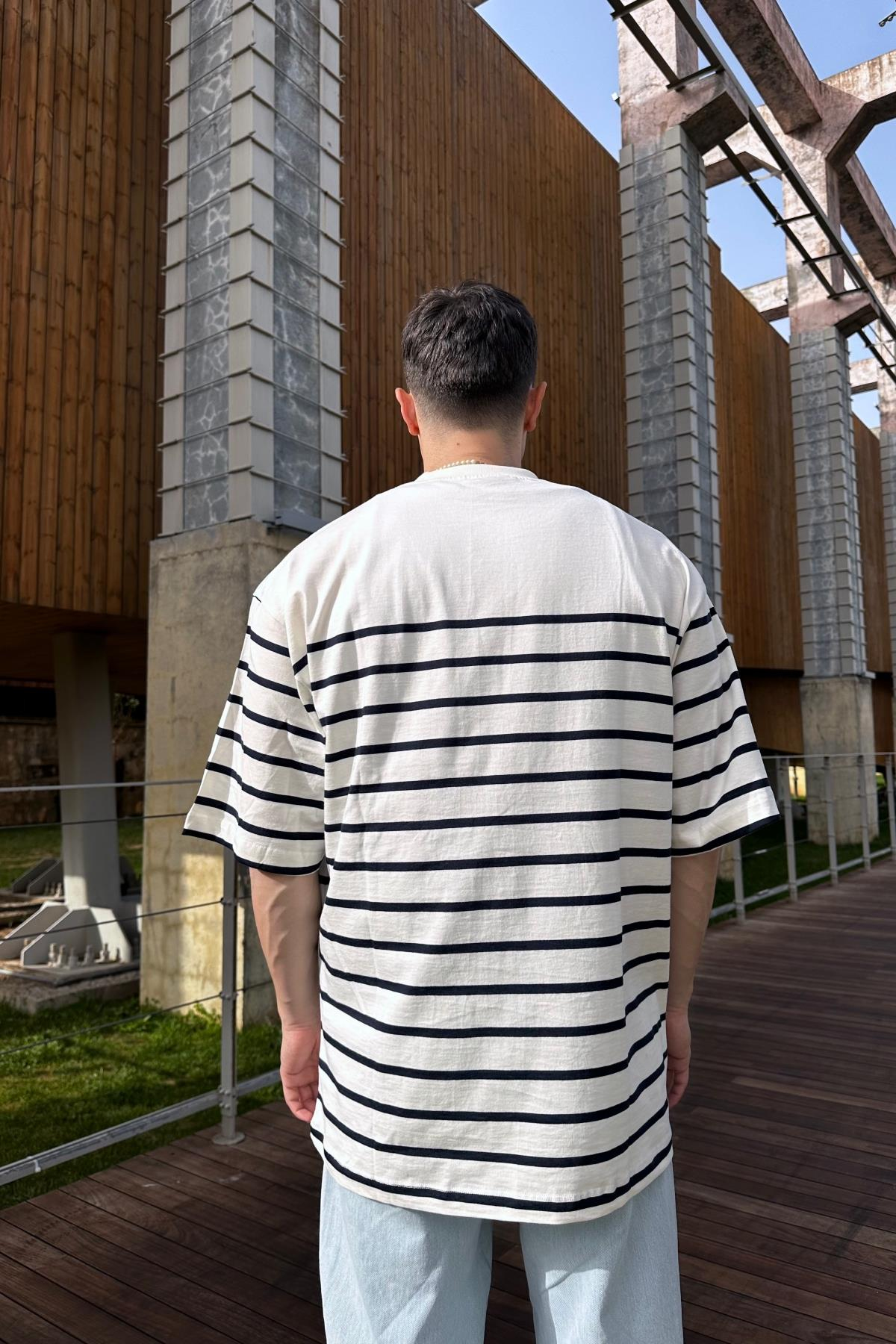 ZR Çizgili Krem Oversize Tshirt T1029
