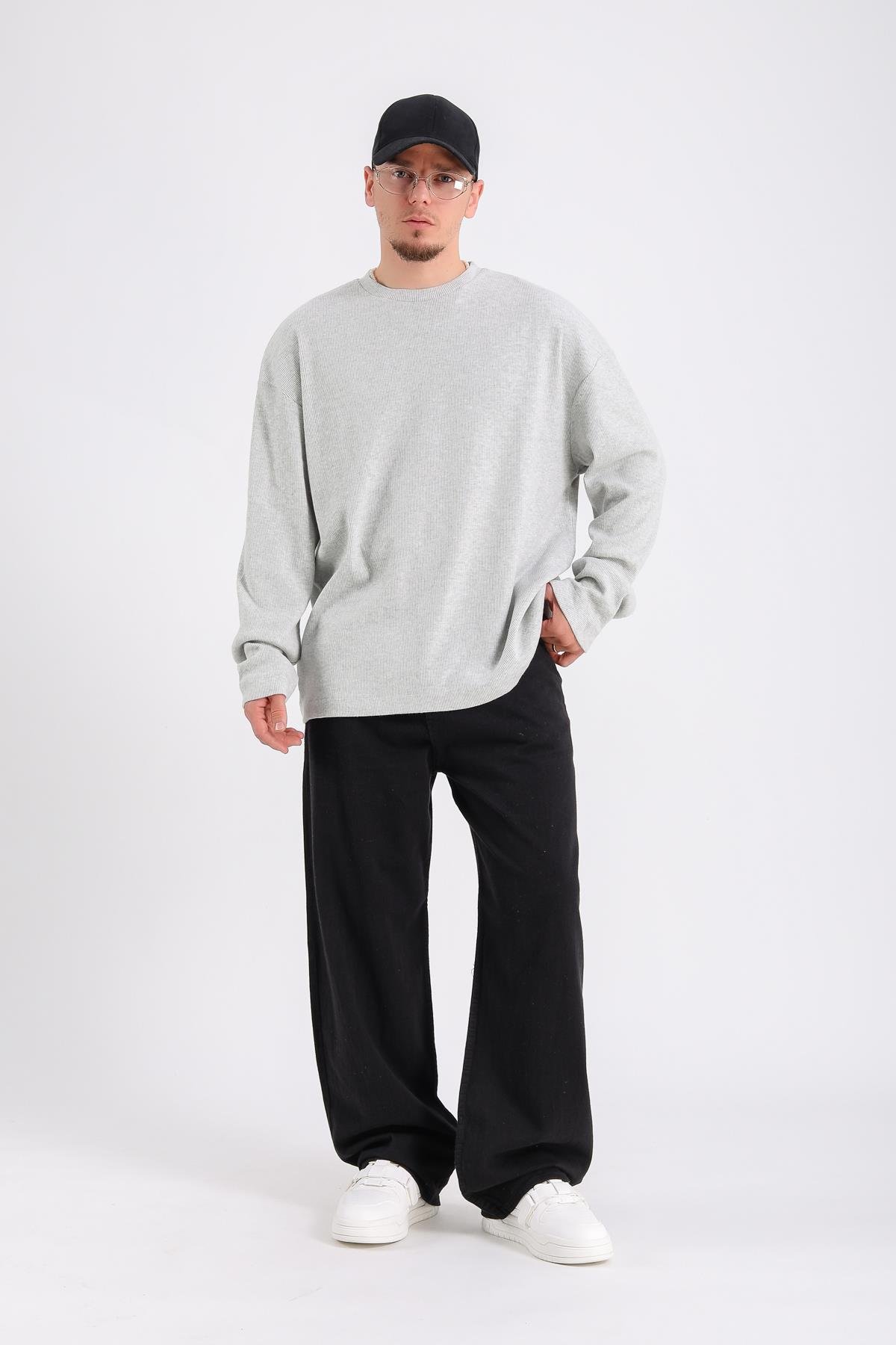 Zr Fitilli Kumaş Gri Oversize Sweatshirt SW1200