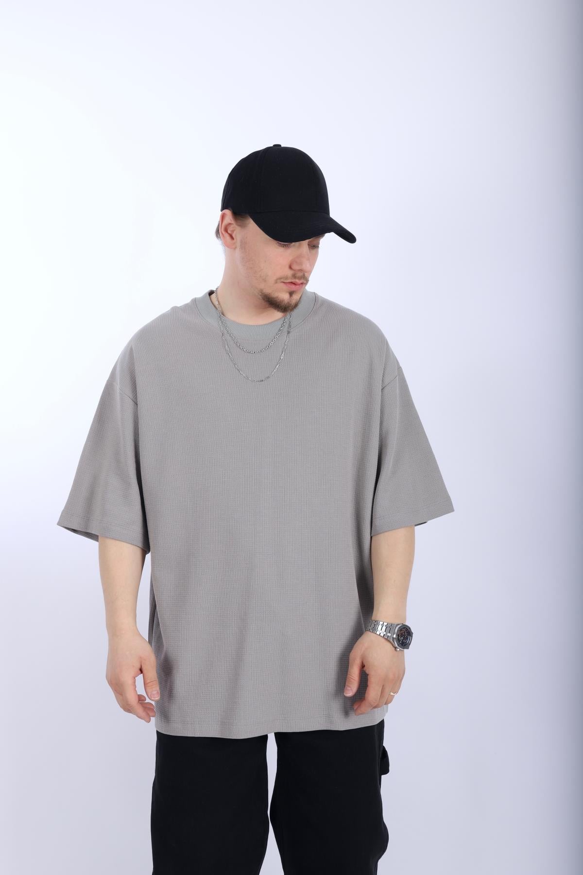Zr Gri Waffle Kumaş Oversize Tshirt T991