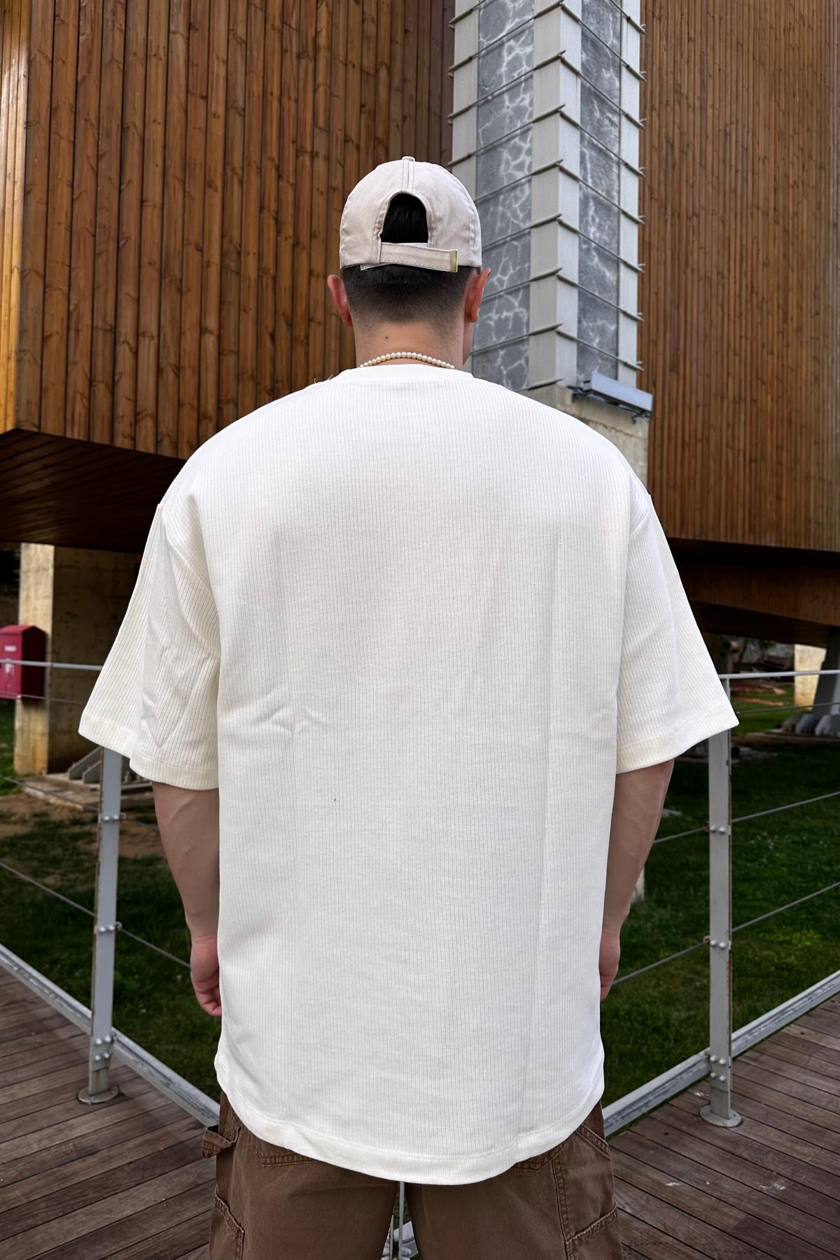 ZR Krem Çizgi Kumaş Oversize Tshirt T1034
