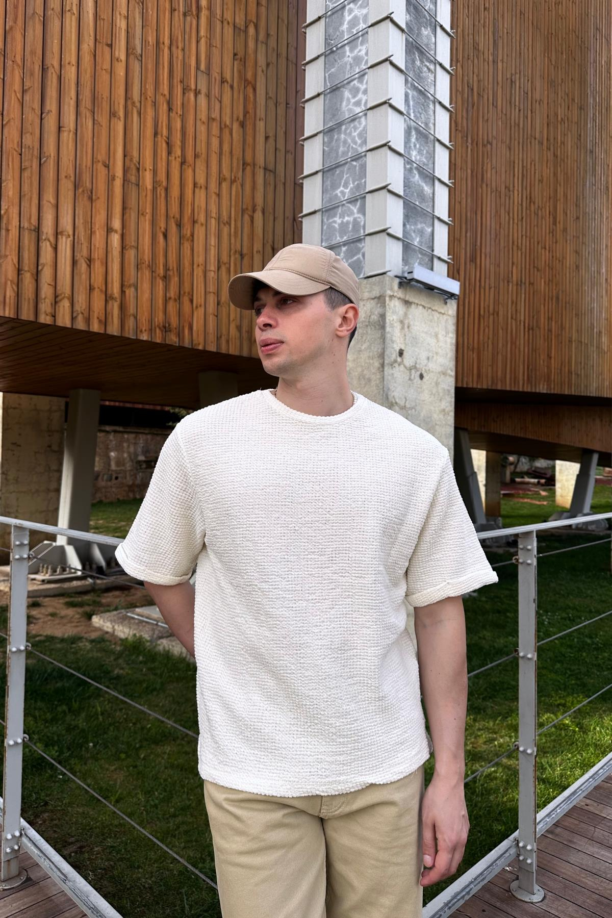 ZR Krem Örme Triko Kumaş Oversize Tshirt T1039