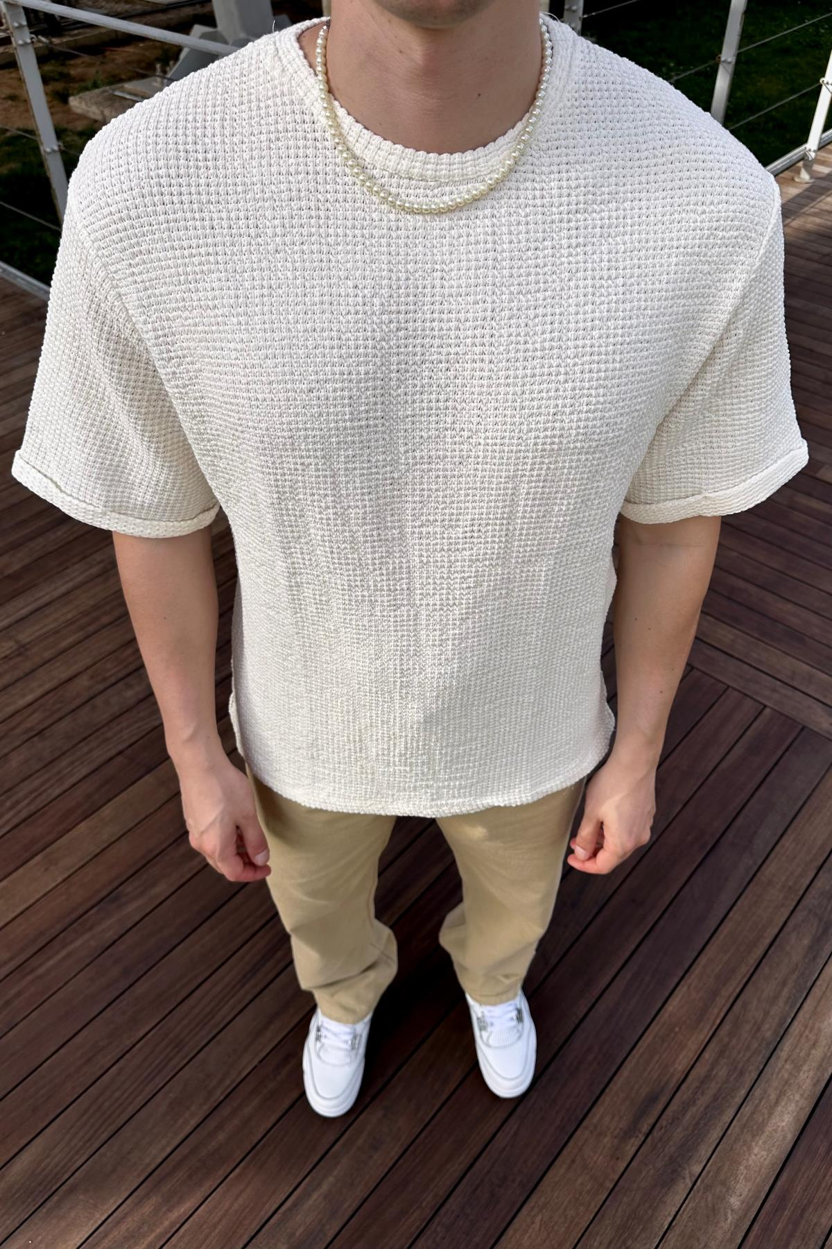 ZR Krem Örme Triko Kumaş Oversize Tshirt T1039