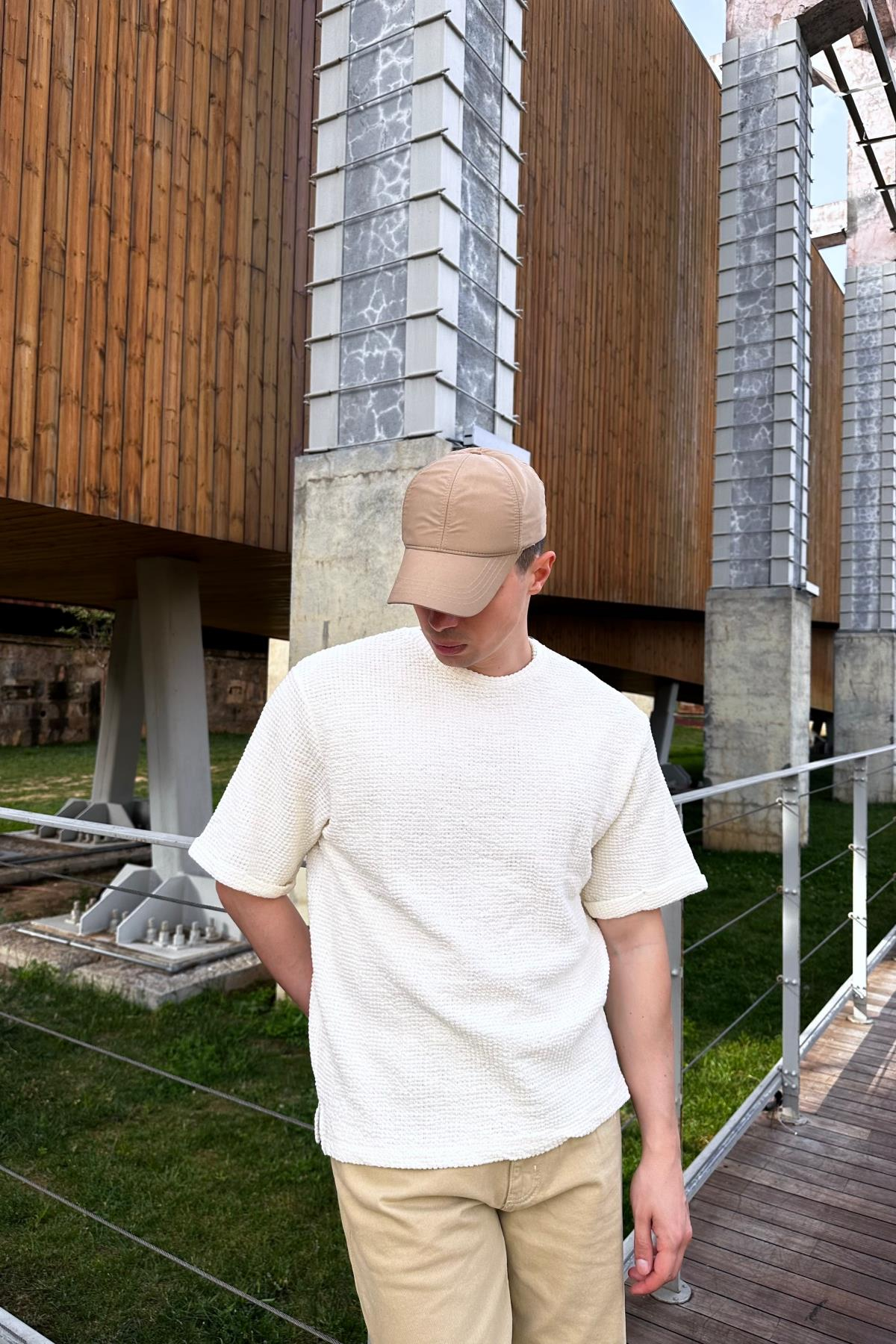ZR Krem Örme Triko Kumaş Oversize Tshirt T1039