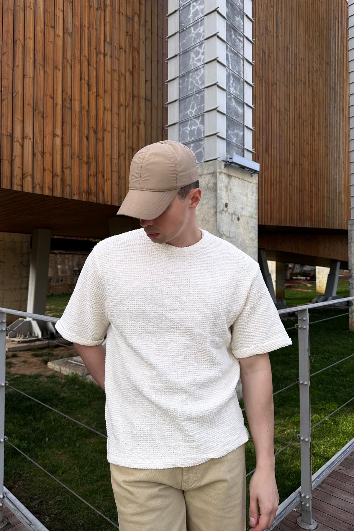 ZR Krem Örme Triko Kumaş Oversize Tshirt T1039