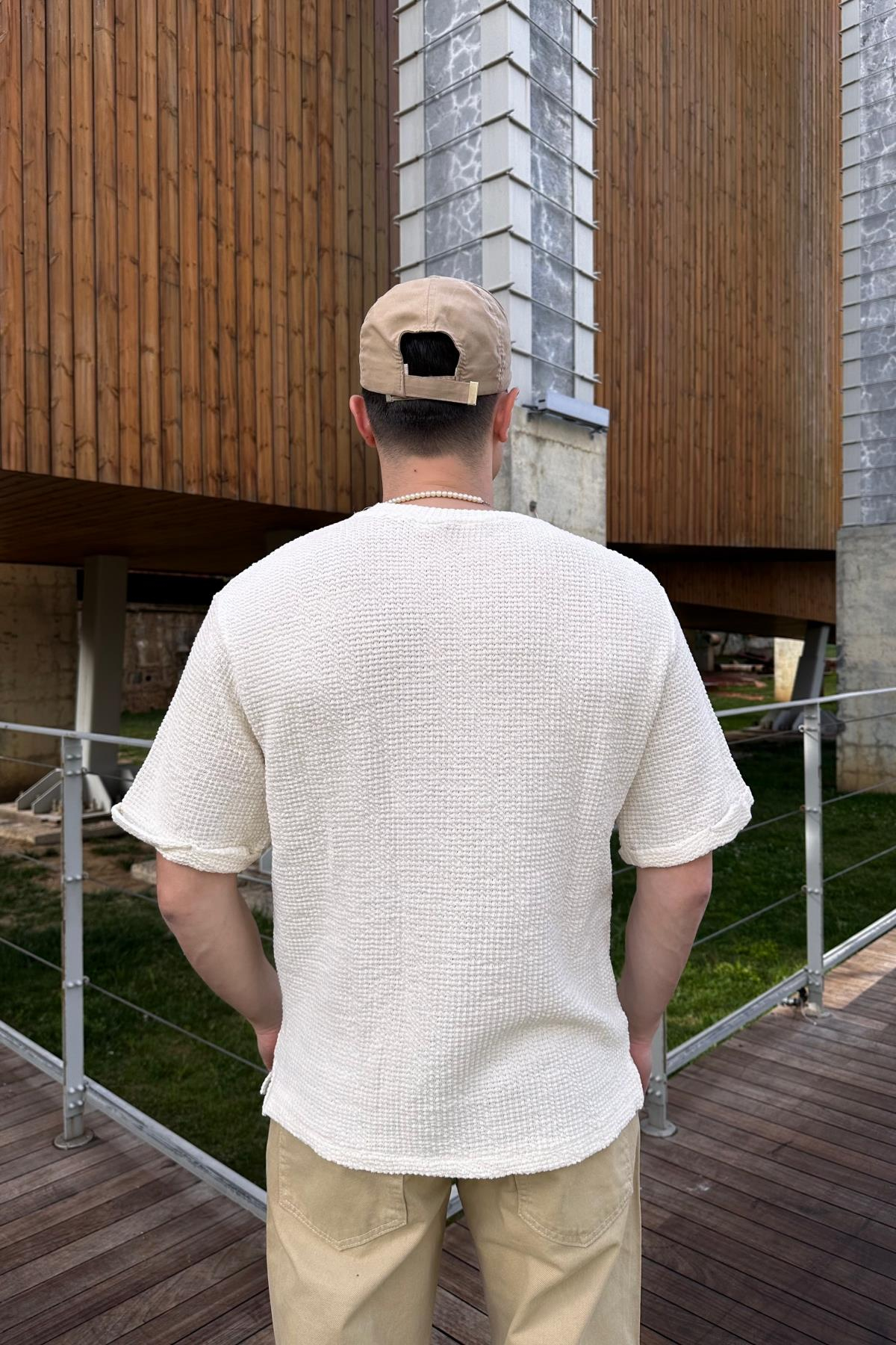 ZR Krem Örme Triko Kumaş Oversize Tshirt T1039