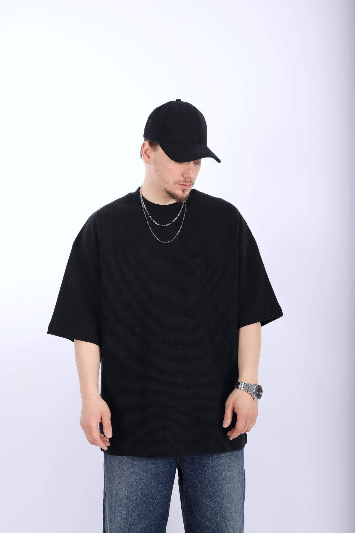 Zr Siyah Waffle Kumaş Oversize Tshirt T988