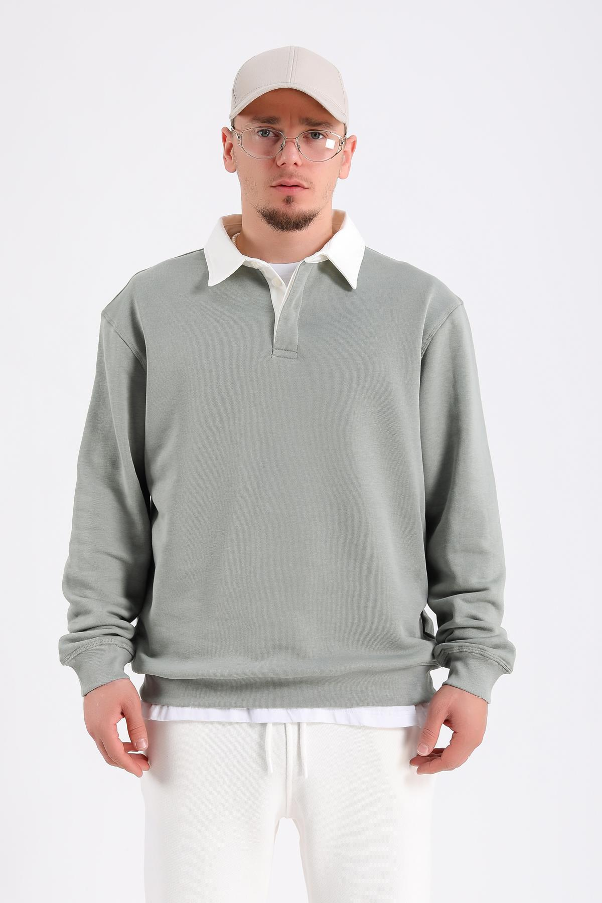 Zr Yeşil Polo Yaka Oversize Sweatshirt SW1197