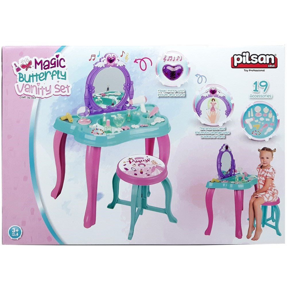 Müzikli Sihirli Kelebek Makyaj Masası 19 Aksesuar Pembe-Mor 3+ 06048-Kız Oyun Setleri