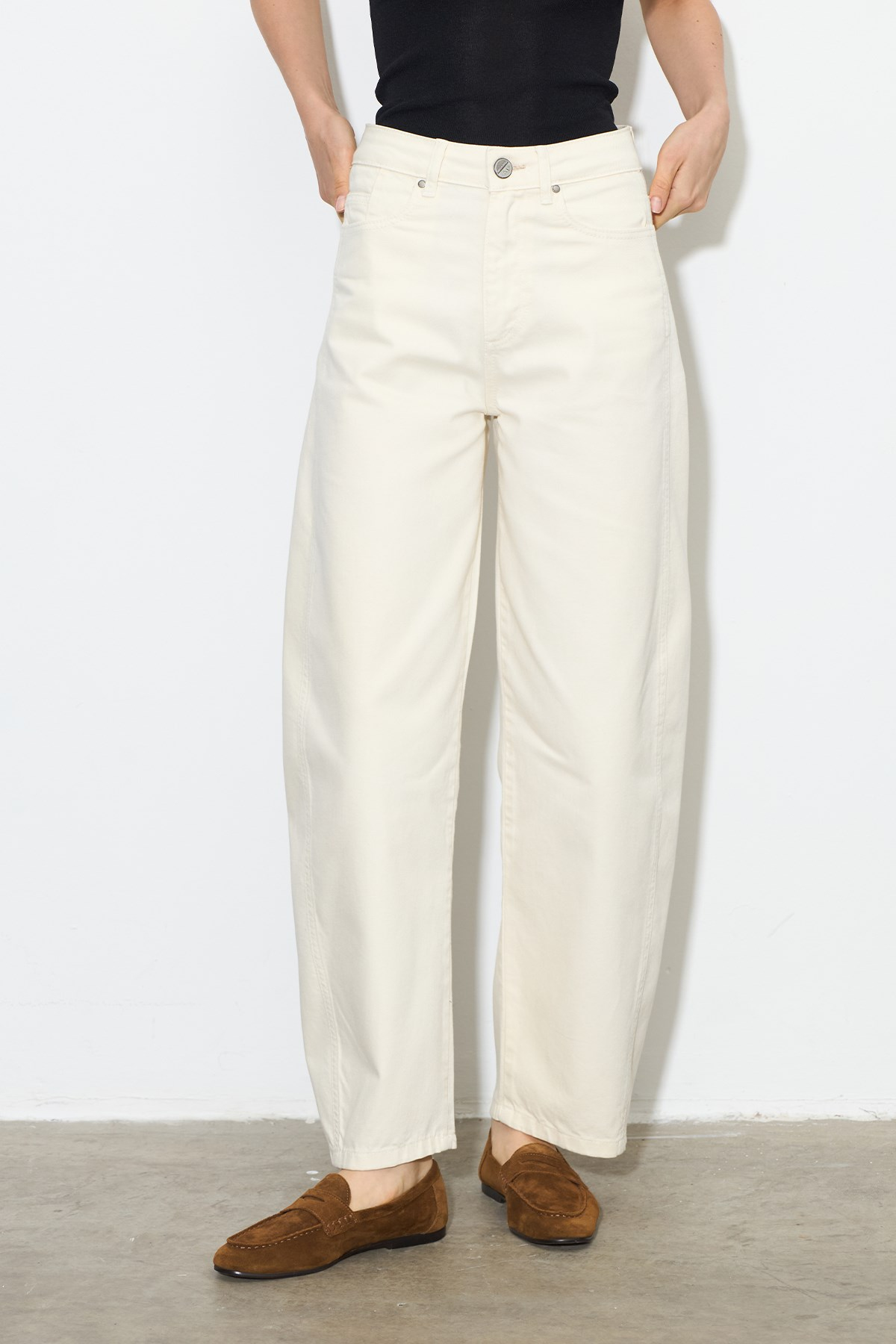 Barrel Fit Denim Pantolon Ekru