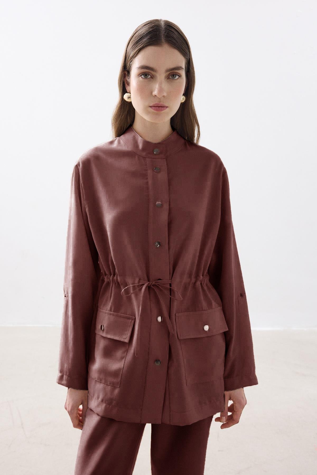 BELİ BÜZGÜLÜ TENCEL CEKET BORDO