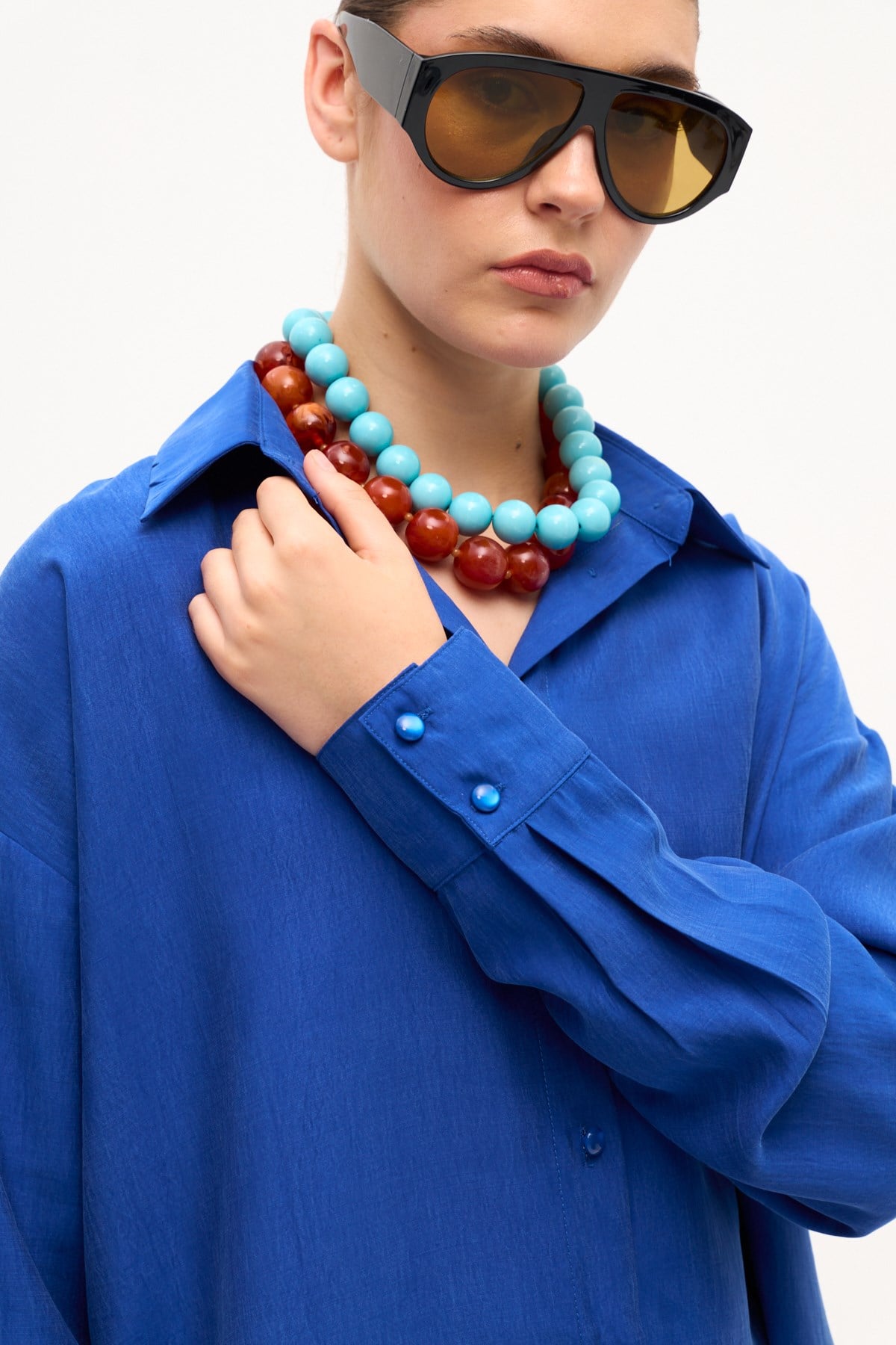 DÖKÜMLÜ OVERSIZE TAŞLANMIŞ MODAL GÖMLEK SAKS
