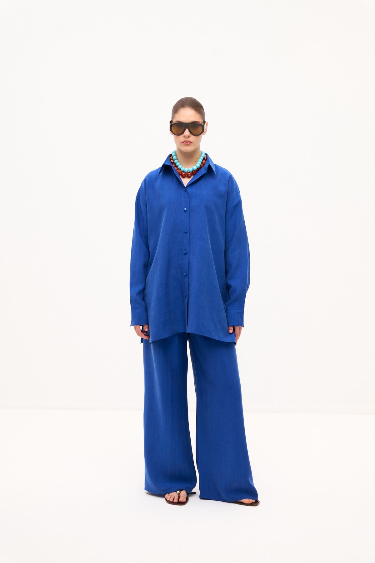 DÖKÜMLÜ OVERSIZE TAŞLANMIŞ MODAL GÖMLEK SAKS