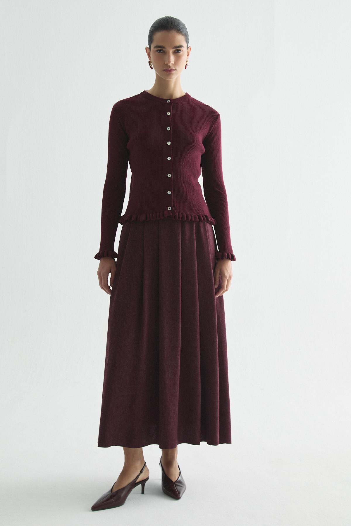 FIRFIR DETAYLI FİTİLLİ TRİKO HIRKA BORDO