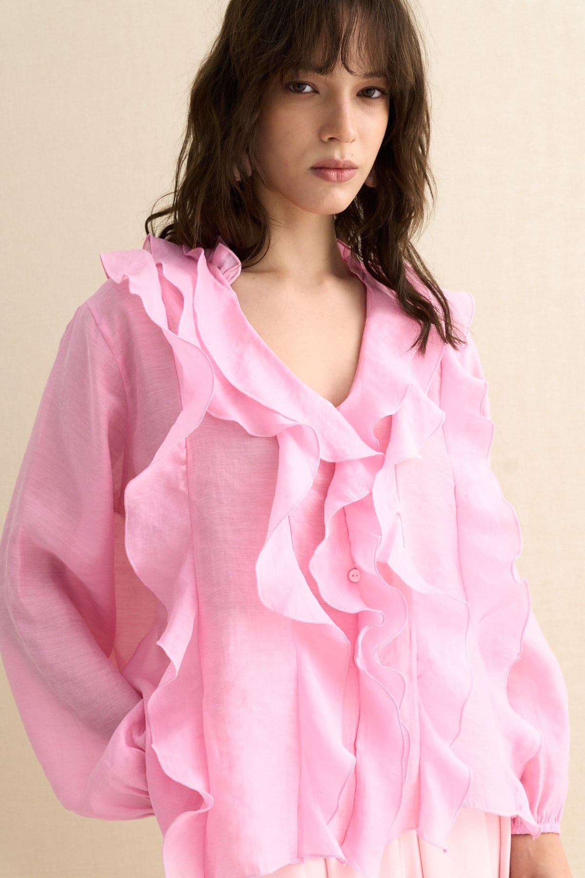 FIRFIR DETAYLI TRANSPARAN BLUZ PEMBE