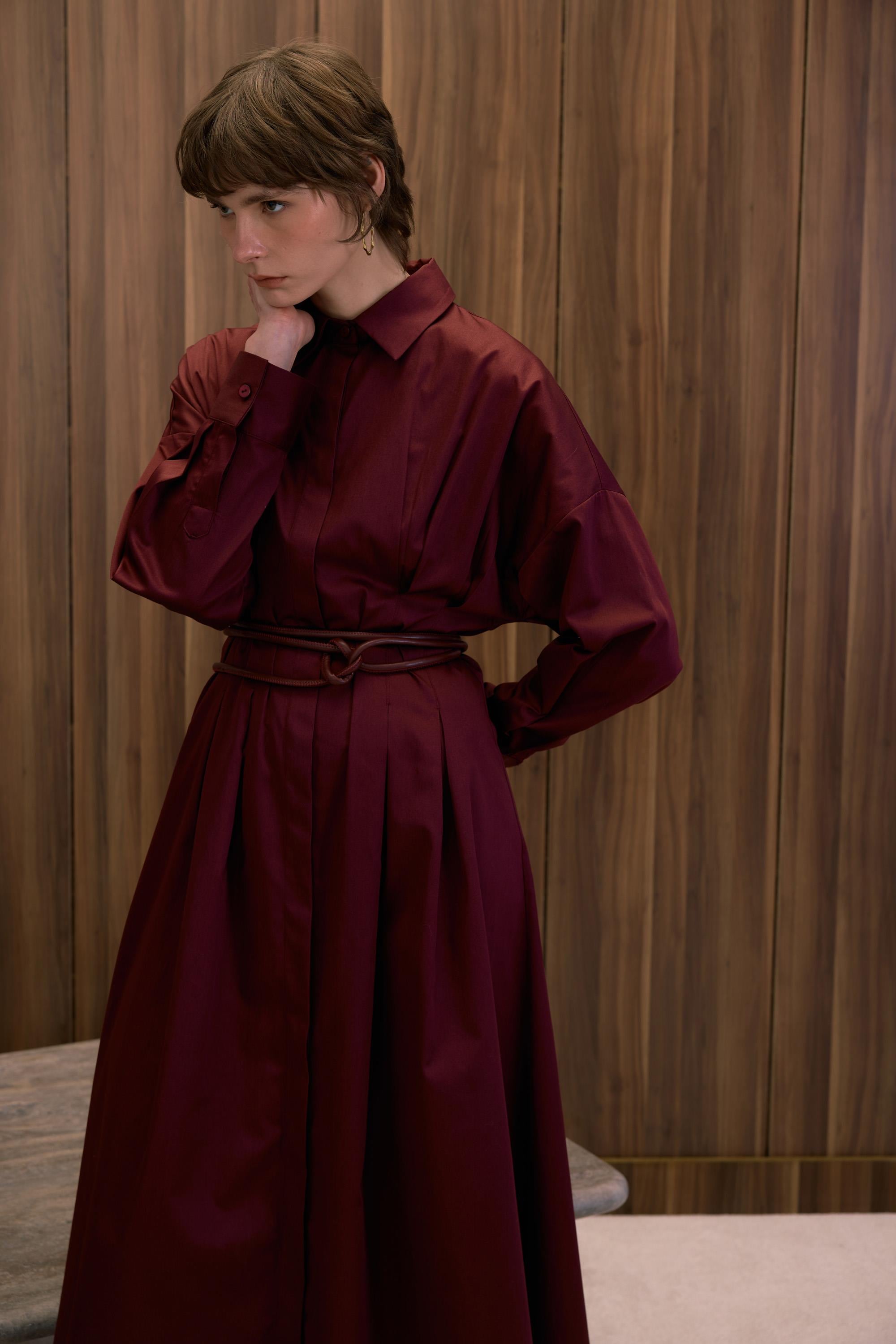 HIGH WAIST PAMUK SATEN ELBİSE BORDO