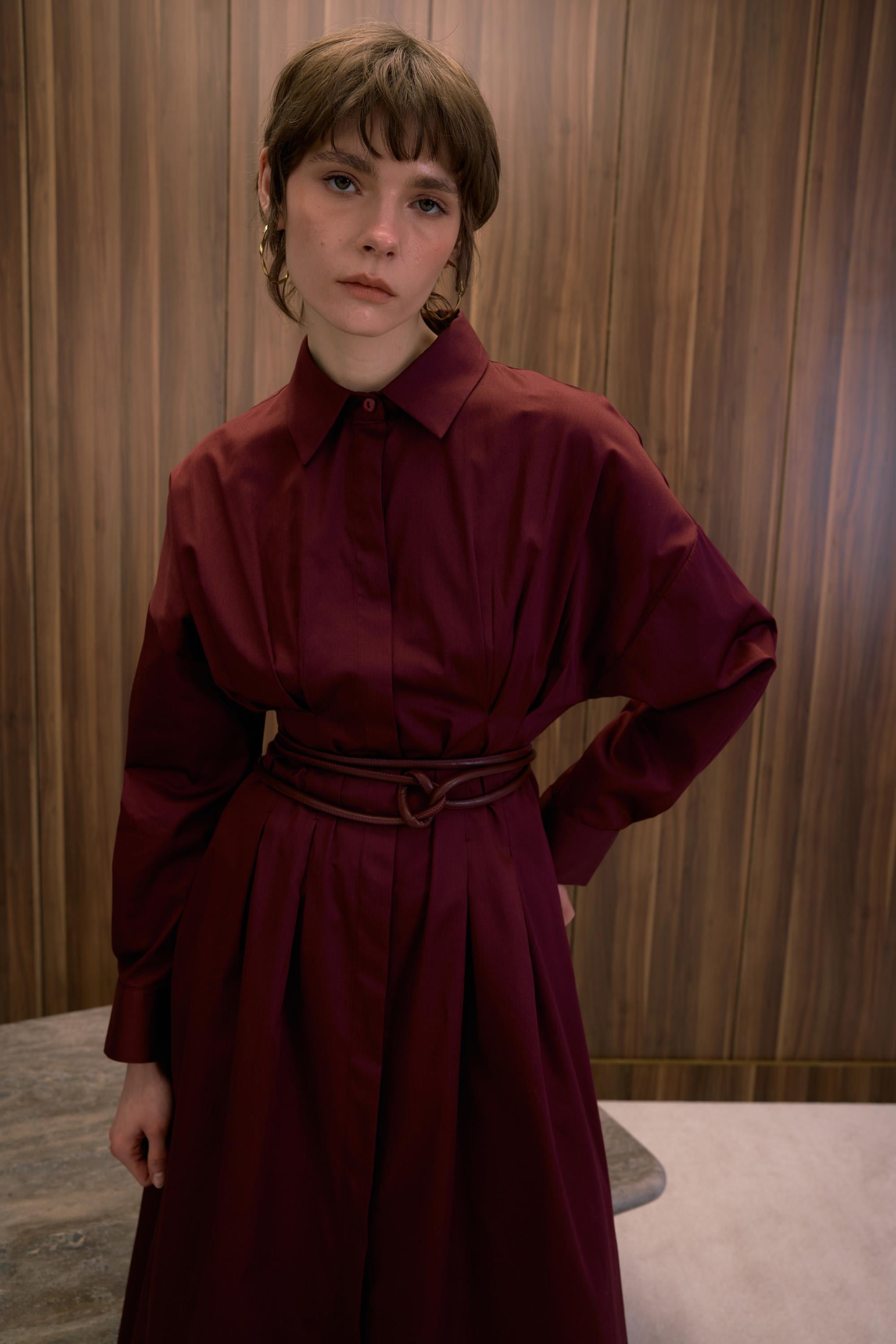 HIGH WAIST PAMUK SATEN ELBİSE BORDO