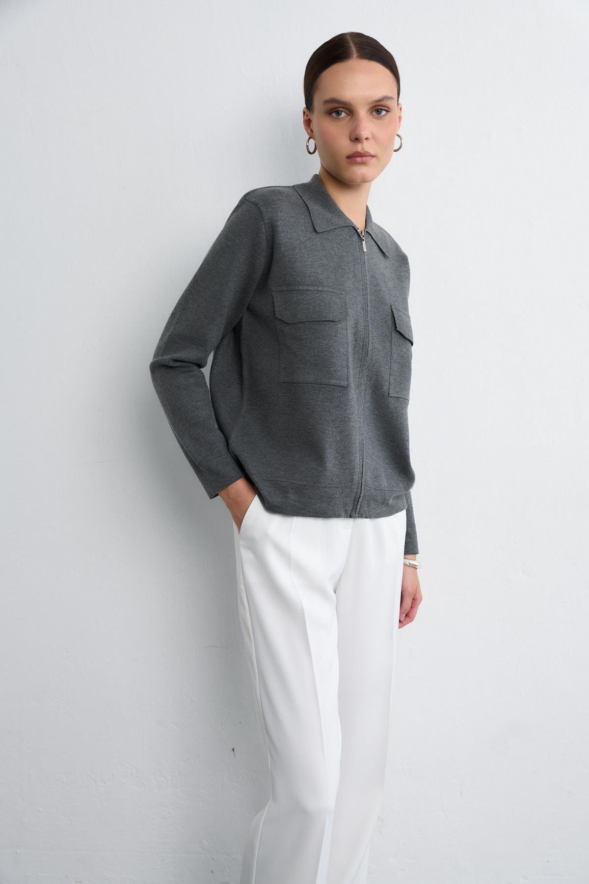 KAPAKLI CEP DETAYLI TRİKO CEKET ANTRASİT